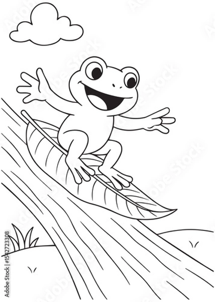 Fototapeta Coloring book frog riding a leaf down a stream, an exciting spring coloring page for children