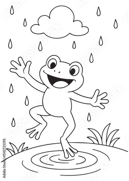 Fototapeta Coloring book Dancing frog enjoying the rain under a cloud