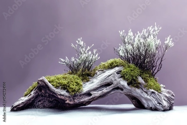 Fototapeta Driftwood planter with moss and small plants.