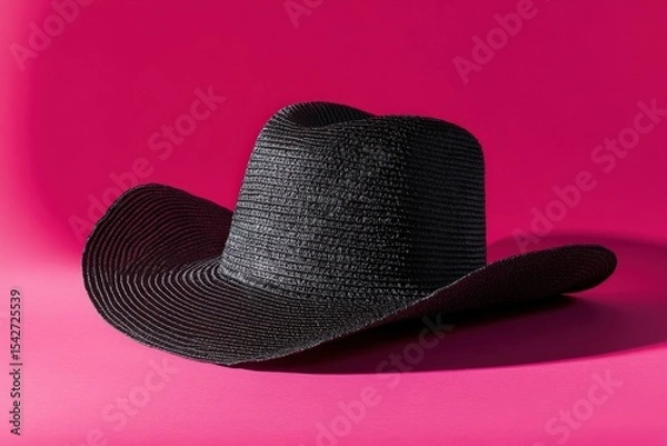 Fototapeta Dark straw cowboy hat on a fuchsia background.