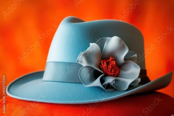 Fototapeta Detailed view of a light blue fedora hat with a decorative flower.