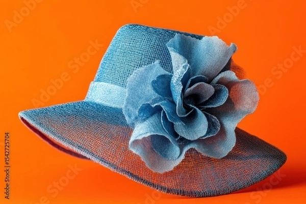 Fototapeta Delicate blue straw hat with a flower embellishment.