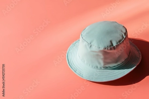Fototapeta Light teal bucket hat on a coral background.