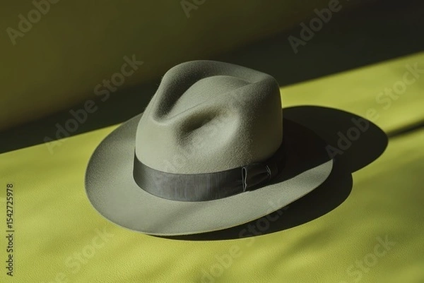Fototapeta A light gray fedora hat sits on a lime green surface.