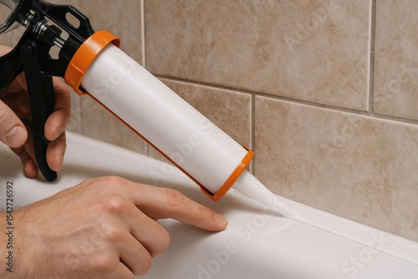 Fototapeta Person applying white sealant on bathtub edge with caulking gun for home improvement