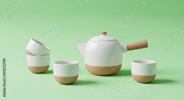 Obraz Ceramic Teapot and Teacup on Green Backdrop