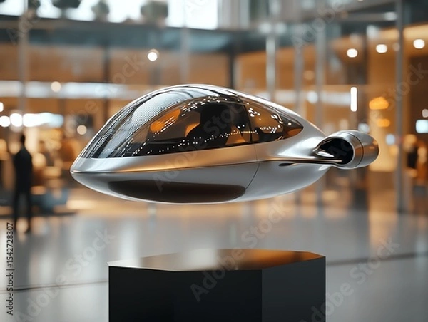 Obraz A futuristic booster floating slightly above a pedestal in a tech museum