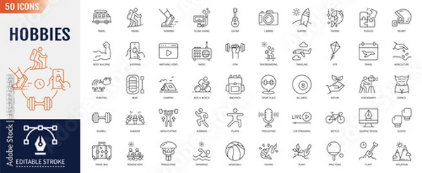 Fototapeta Hobbies line editable icon set. Editable stroke. Vector illustration
