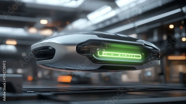 Obraz A futuristic booster hovering slightly above a black platform, glowing green