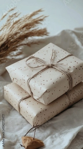 Fototapeta Stack of Rustic Kraft Paper Wrapped Gifts with Twine