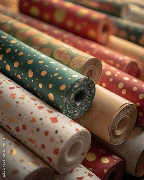 Fototapeta Assorted Red and Green Patterned Wrapping Paper Rolls