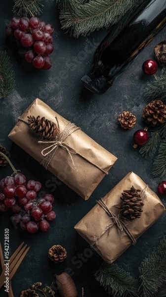 Fototapeta Gifts with Berries and Twigs on Dark Background