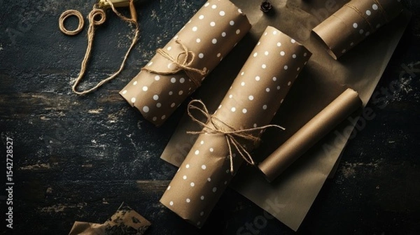 Fototapeta Rustic Gift Wrapping Tools with Twine and Scissors