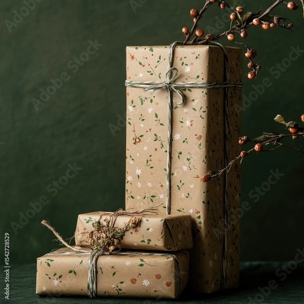 Fototapeta Stack of Kraft Wrapped Gifts with Twine and Fairy Lights on Dark Background