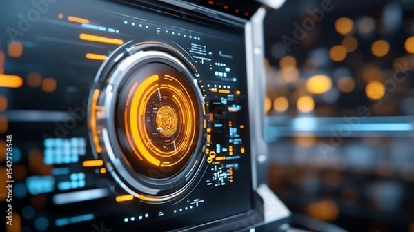 Obraz A futuristic booster in a dark tech lab, projecting faint signal patterns
