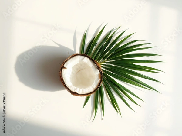 Fototapeta Halved coconut with green palm leaf on white background, creating tropical and minimalistic aesthetic