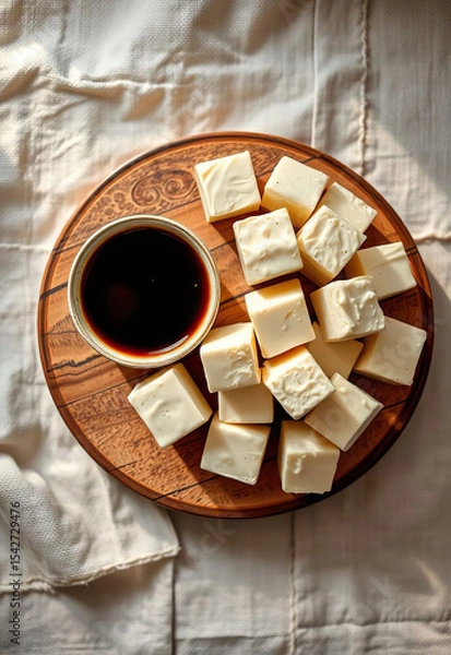 Fototapeta Soft tofu cubes on wooden plate with soy sauce in small bowl, placed on textured white fabric background