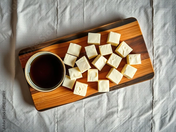 Fototapeta Creamy white chocolate cubes on wooden serving board with cup of dark coffee, creating cozy and indulgent treat