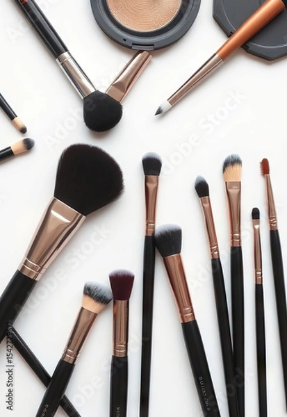 Fototapeta Makeup brushes and tools arranged on white background, featuring various sizes and shapes for different cosmetic applications