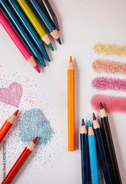 Fototapeta Colorful pencils and glitter on white background, with creative strokes and heart shape adding playful and artistic vibe