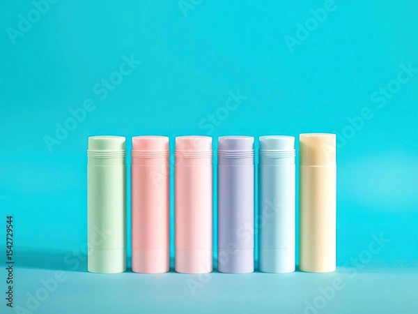 Fototapeta Pastel colored cylindrical containers arranged in row on blue background, evoking clean and minimal aesthetic