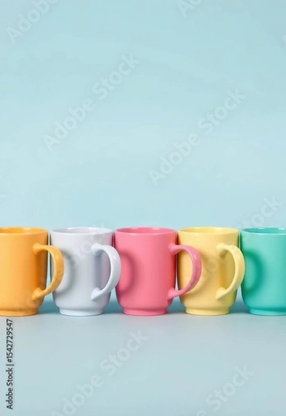 Fototapeta Colorful ceramic mugs arranged in row on pastel blue background, creating cheerful and minimalistic aesthetic
