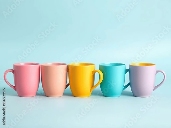 Fototapeta Colorful ceramic mugs pastel shades arranged row light blue background, creating cheerful and minimalistic composition