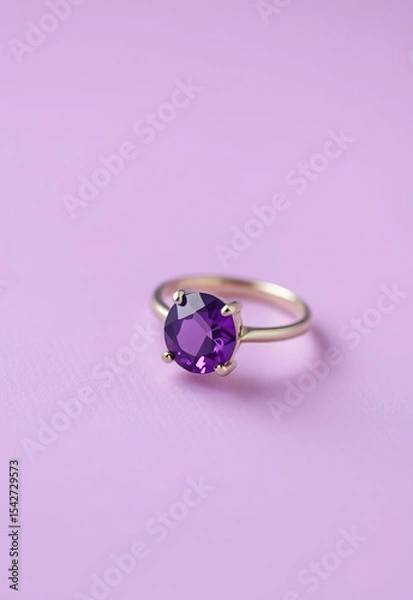 Fototapeta Gold ring with vibrant purple gemstone displayed on pastel pink background, exuding elegance and charm