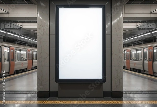 Fototapeta Empty White Vertical advertising display billboard in modern MRT station, Blank mockup for ads, marketing campaign. Empty digital white screen for advertisement. Indoor OOH template/Banner, 8k