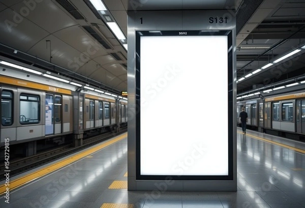 Fototapeta Empty White Vertical advertising display billboard in modern MRT station, Blank mockup for ads, marketing campaign. Empty digital white screen for advertisement. Indoor OOH template/Banner, 8k