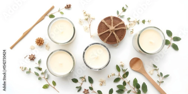 Obraz Set of homemade natural soy candles on white background. DIY candle making. Top view. Copy space.