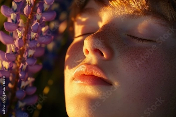 Fototapeta Close-up of a child's face with closed eyes, bathed in golden sunlight.