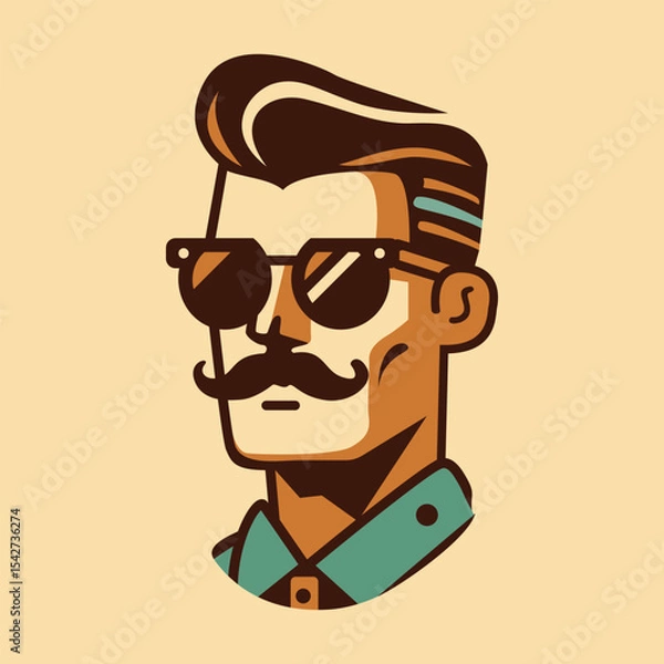 Fototapeta Retro Hipster Man, Mustache and Sunglasses Illustration. Stylish retro man character with mustache, sunglasses, and vintage hairstyle. Great for barbershop logos, Father's Day, or masculine designs.