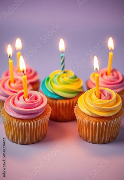 Fototapeta Colorful frosted cupcakes with lit candles on pastel background, creating festive and cheerful atmosphere