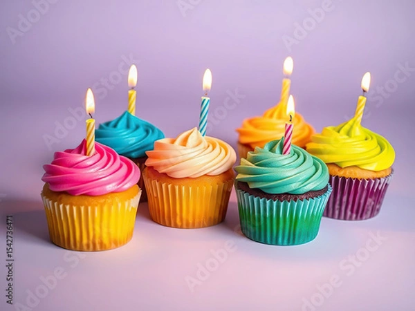 Fototapeta Colorful cupcakes with lit candles on top, arranged on pastel background, creating festive and cheerful atmosphere