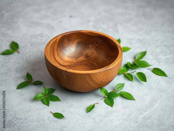 Fototapeta Handcrafted wooden bowl on gray surface surrounded by green leaves, showcasing natural elegance and simplicity