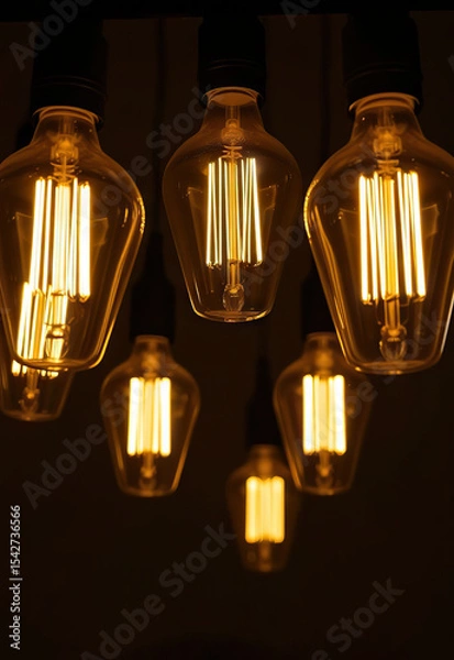 Fototapeta Vintage style filament light bulbs glowing warmly in dark setting, creating cozy and nostalgic ambiance