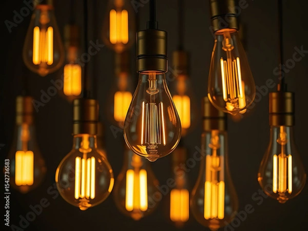 Fototapeta Vintage style hanging light bulbs glowing warmly in dark setting, creating cozy and nostalgic ambiance