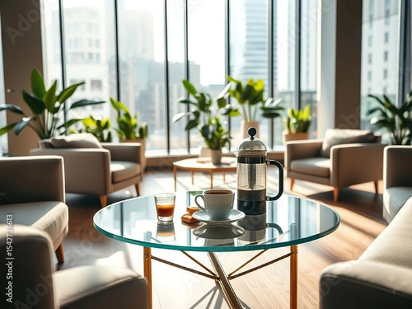 Fototapeta Modern lounge area with glass coffee table, French press, and cup of coffee, surrounded by armchairs and indoor plants