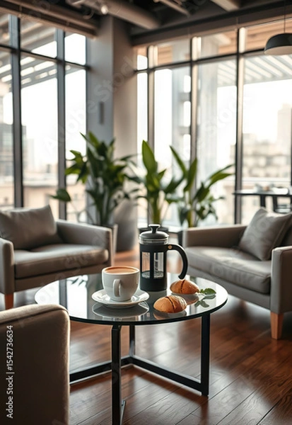 Fototapeta Cozy modern lounge with glass coffee table, French press, cup of coffee, and croissants, surrounded by armchairs and indoor
