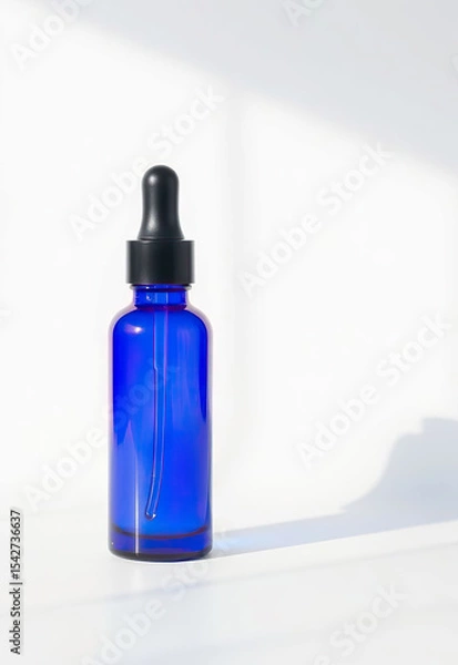 Fototapeta Blue glass dropper bottle with black cap, placed on white surface under soft natural light. Minimalist and clean design