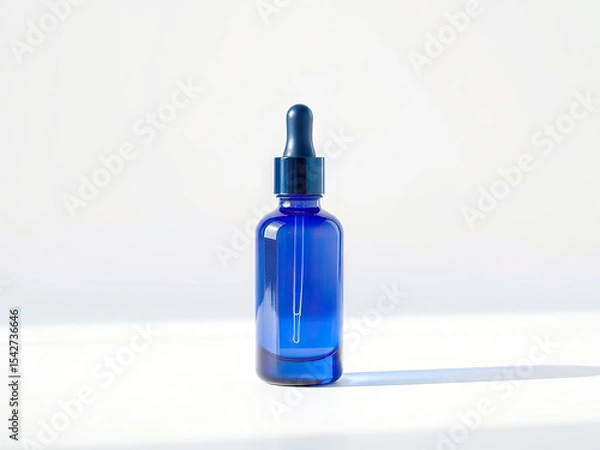 Fototapeta Blue glass dropper bottle with sleek design, placed on white surface under soft natural light