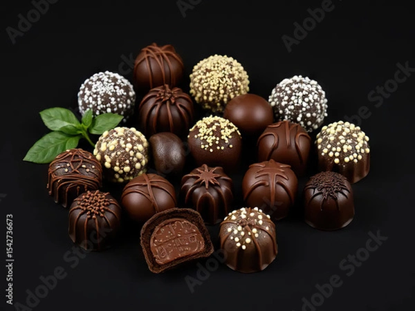Fototapeta Variety of gourmet chocolate truffles with intricate designs and textures, arranged black background with fresh green leaf