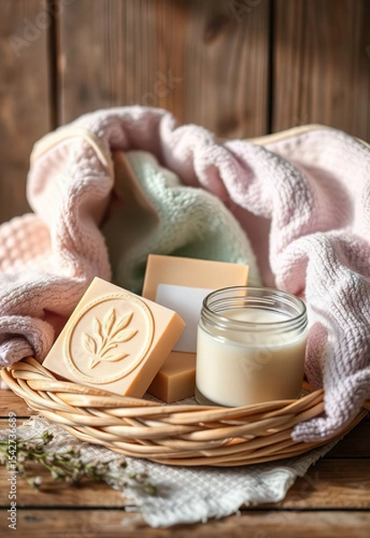 Fototapeta Handmade soap bars and candle in wicker basket with soft towels, creating cozy and relaxing spa like atmosphere
