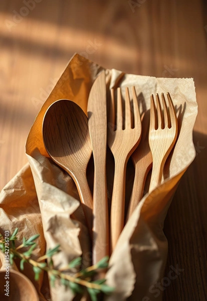 Fototapeta Eco friendly wooden cutlery set with spoons, forks, and knives on brown paper, illuminated by warm natural light