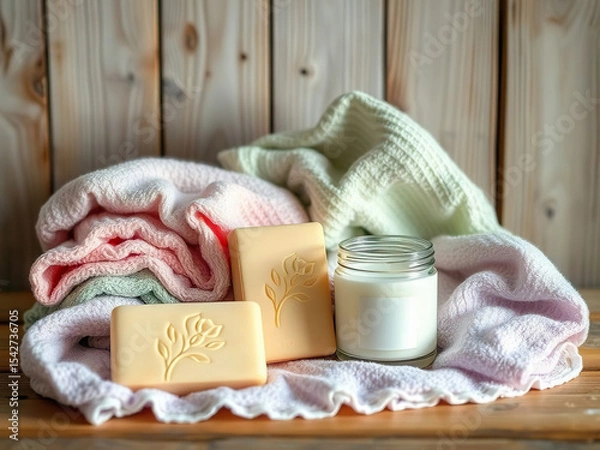 Fototapeta Soft pastel towels, handmade soap with floral design, and lit candle create cozy and relaxing spa like atmosphere