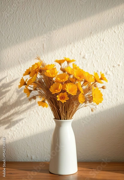 Fototapeta Bouquet of vibrant yellow flowers in white ceramic vase sits on wooden surface, illuminated by soft natural light