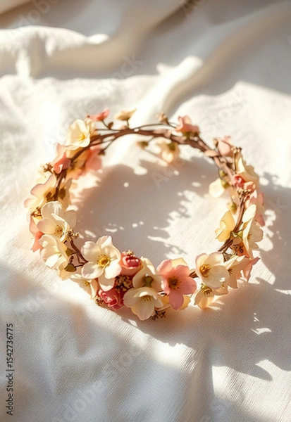 Fototapeta Delicate floral crown with pink and cream blossoms rests on soft white fabric, bathed in warm sunlight