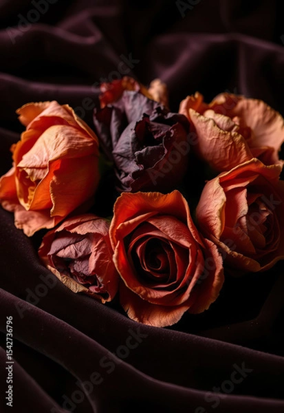 Fototapeta Bouquet of dried roses in shades of orange and burgundy rests on dark, silky fabric, creating moody and elegant atmosphere