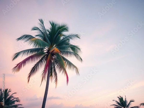 Fototapeta Tall palm tree with vibrant green leaves stands against pastel colored sky during sunset, evoking serene tropical vibe